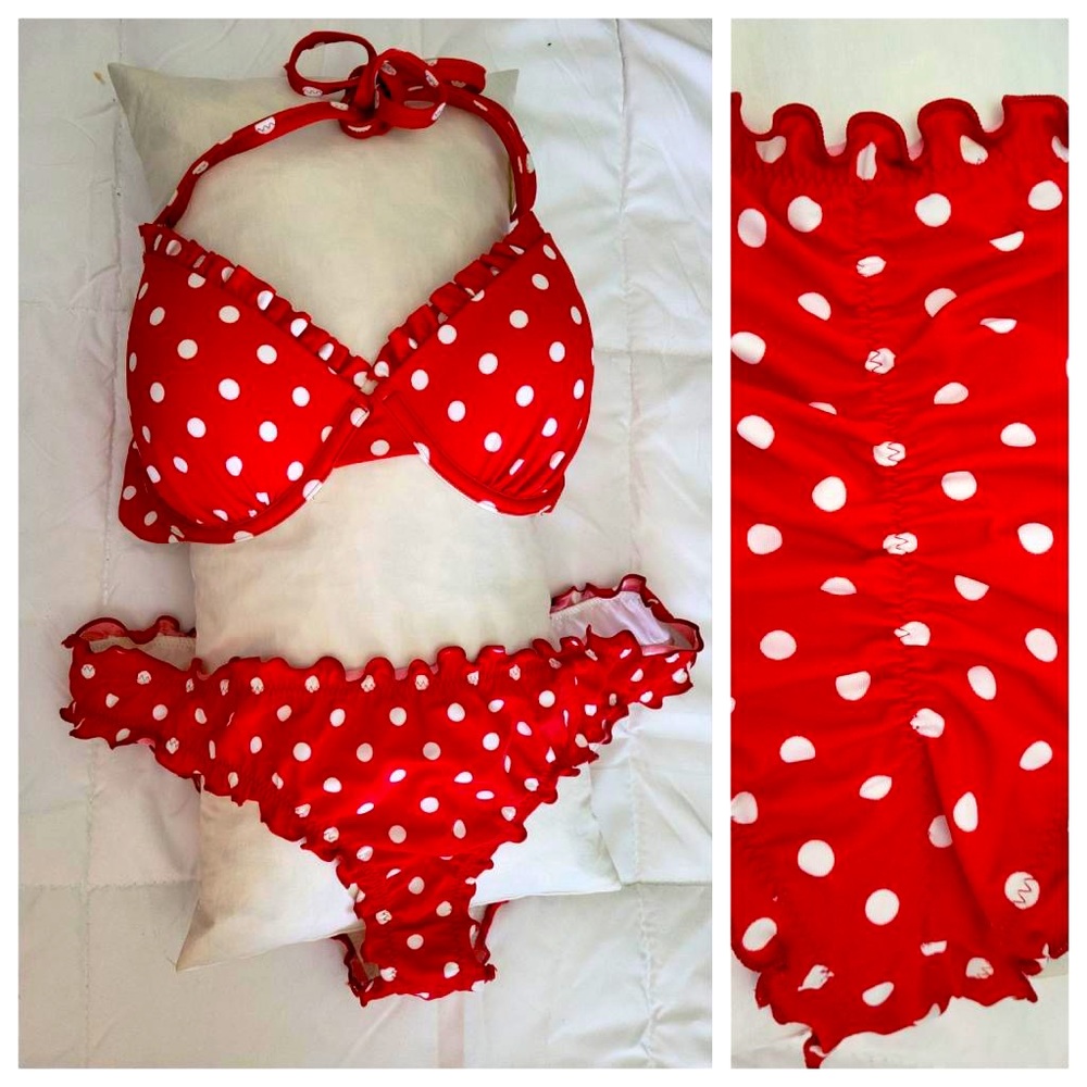 Shade & Shore red and white polka dot 2-piece bikini with ruffled bottom